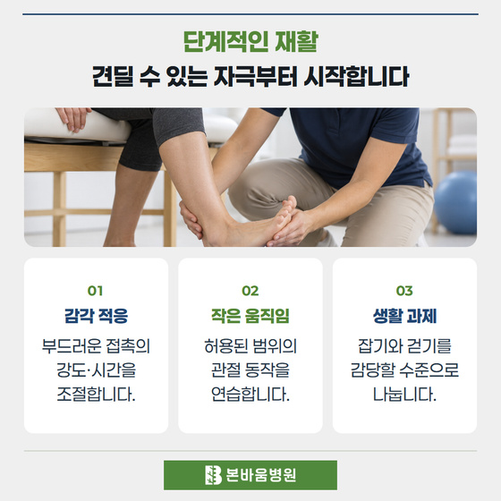 은평구신경외과 발목을 부드럽게 움직이는 재활 — 단계적인 재활 · 견딜 수 있는 자극부터 시작합니다