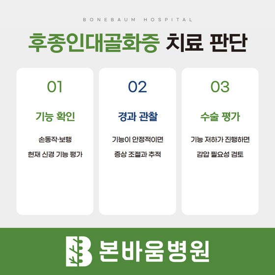 후종인대골화증 치료 판단: 신경 기능 평가, 안정적인 경우 경과 관찰, 기능 저하가 진행하면 수술 평가